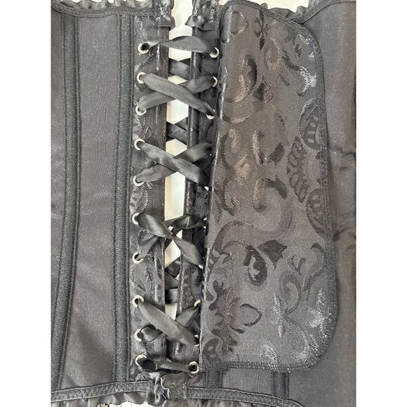 Vintage Pin Up Black Jacquard Floral Lace Up Boned Frilly Corset Bustier Top S - Picture 8 of 10